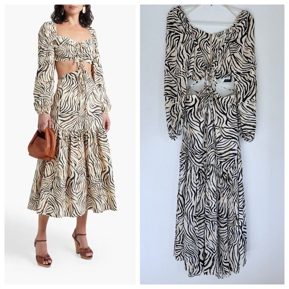 NWT NICHOLAS Dora Cut Out Long Sleeve Midi Dress in Tiger Animal Print Size 8